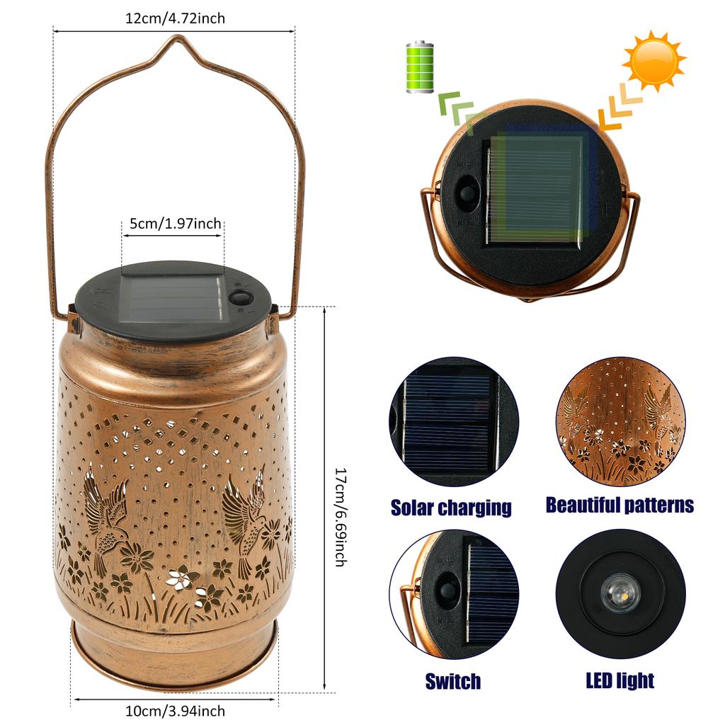 Outdoor Garden Solar Light Metal Hanging Hummingbird Hollow LED Landscape Lanterns Waterproof Lawn Lights for Yard Patio Decor