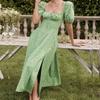 European and American Pastoral Style Sexy Square Collar Lace-up Small Floral Print Slim fit Puff sleeve Temperament High Slit Dress Women