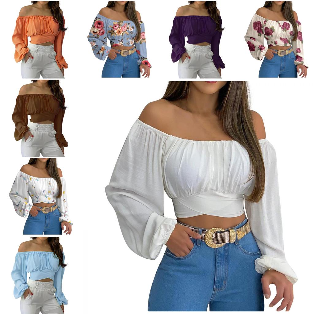 Spring Summer Womens Off Shoulder Cross Tie Long Sleeve Blouse For Casual Office Wear
