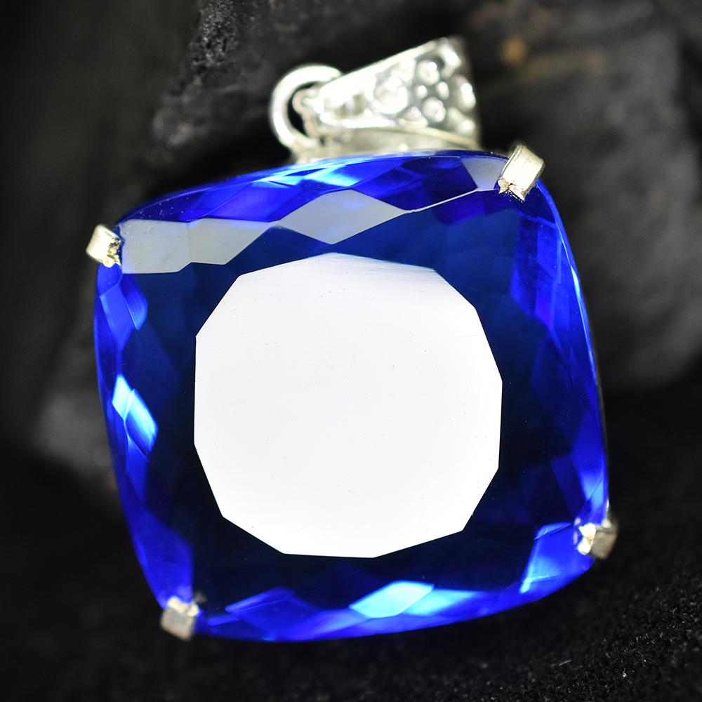 CERTIFIED Blue Tanzanite Square Cushion 91 Ct Lab Created Pendant Gems Free Gift ,MY.PD-90-NS