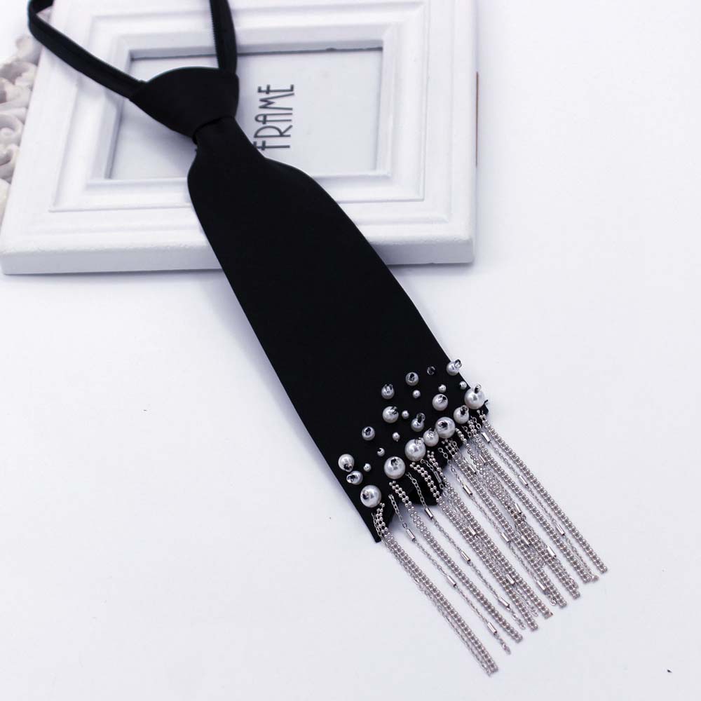 Black Hand-beaded Long Necktie Korean Style Decoration Shirt Tie Pearls Tie Daily