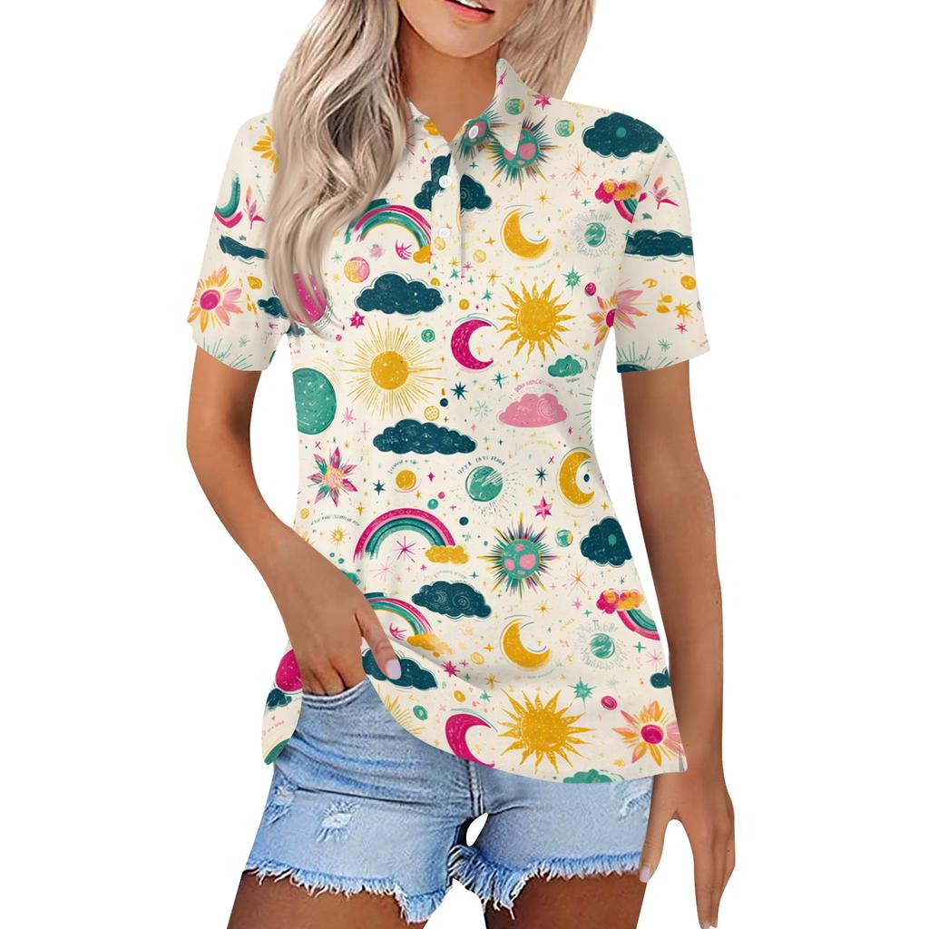 Women's Casual Short Sleeve Shirt with Print - Button Front Top with Side Slits