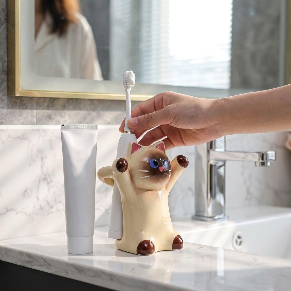 Cartoon Animal Cat Toothbrush Holder Anti-Slip Base Toothpaste Storage Shelf Bathroom Organizer