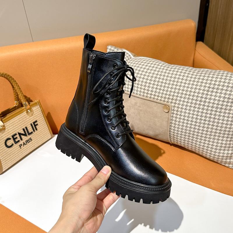 New Chelsea Short Boots Women's British Short Single Boots Round Martin Boots Heightened Thick-soled Cigarette Boots