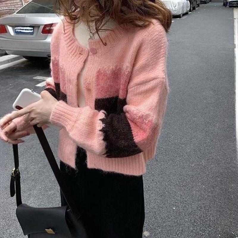 Spring Autumn Winter Korean-Style Knit Cardigan: Women's Fashion Color-Block Striped Short Outer-Wear Sweater