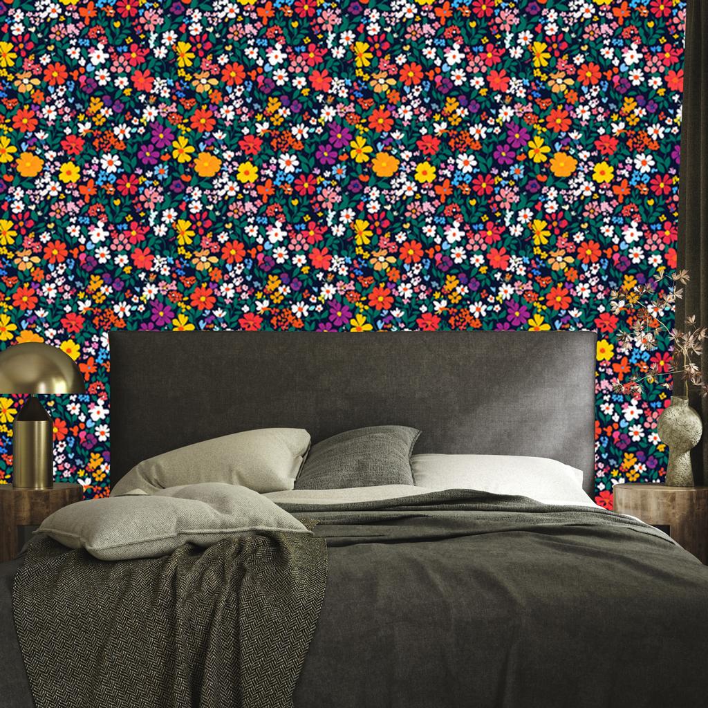 Wallpaper Small Flowers Turquoise and Navy Blue for Living Room and Bedroom 50x1000