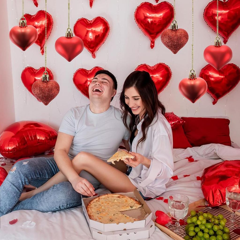 12 Pcs Valentines Heart Shaped Ornaments Heart Tree Ornaments Hanging Hearts Baubles for Valentine's Wedding Anniversary Hanging Decorations (Red)