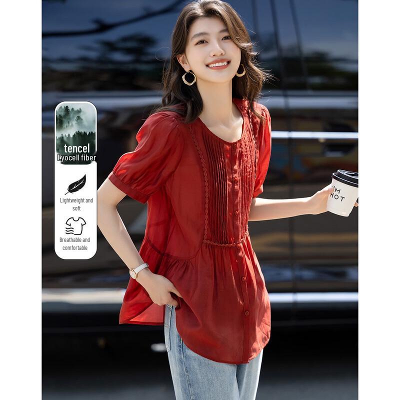 Demana Women s Lyocell Pleated Puff Sleeve Blouse M