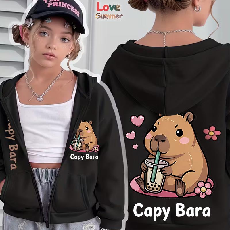 Girls Trendy Capybara Letter Casual Hoodie Spring Autumn Zip Up Hooded for Girls Parties Home Wear Outdoor Sports Ideal Gift