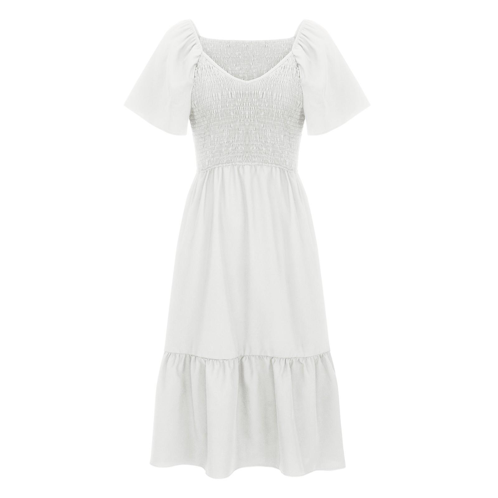 Женское модное летнее однотонное свободное платье с короткими рукавами и v-образным — фото 7