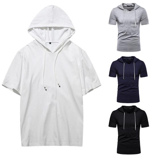 Men Short Sleeve Solid Color Hooded Drawstring T-shirt Pullover Tee Shirt for Daily Wear