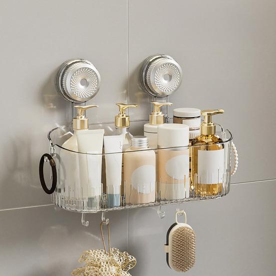 No-Drill Shower Caddy Removable Suction Cup Storage Shelf with Hooks Wall Mounted Clear Storage Box Bathroom Organizer for Shower Toiletries