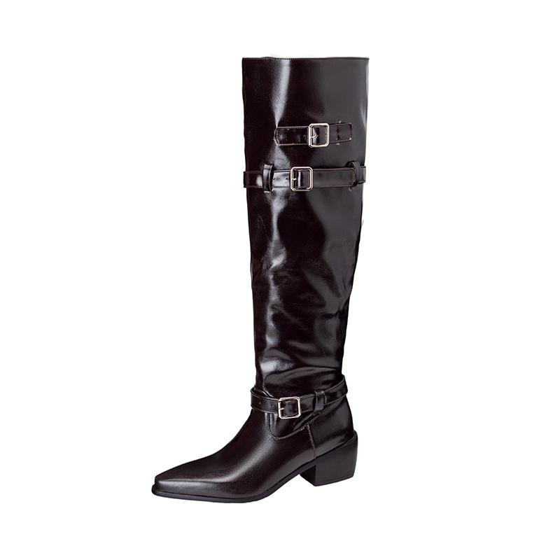 Belt Buckle Autumn And Winter Women'S Boots Tall Knight Boots Pointed Thick Medium Heel Roman Boots 32-48 Boots