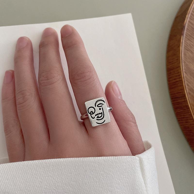 Retro Picasso Human Face Ring For Women 925 Silver Adjustable Open Ring Gothic Jewelry Trendy Unisex Accessories Gift