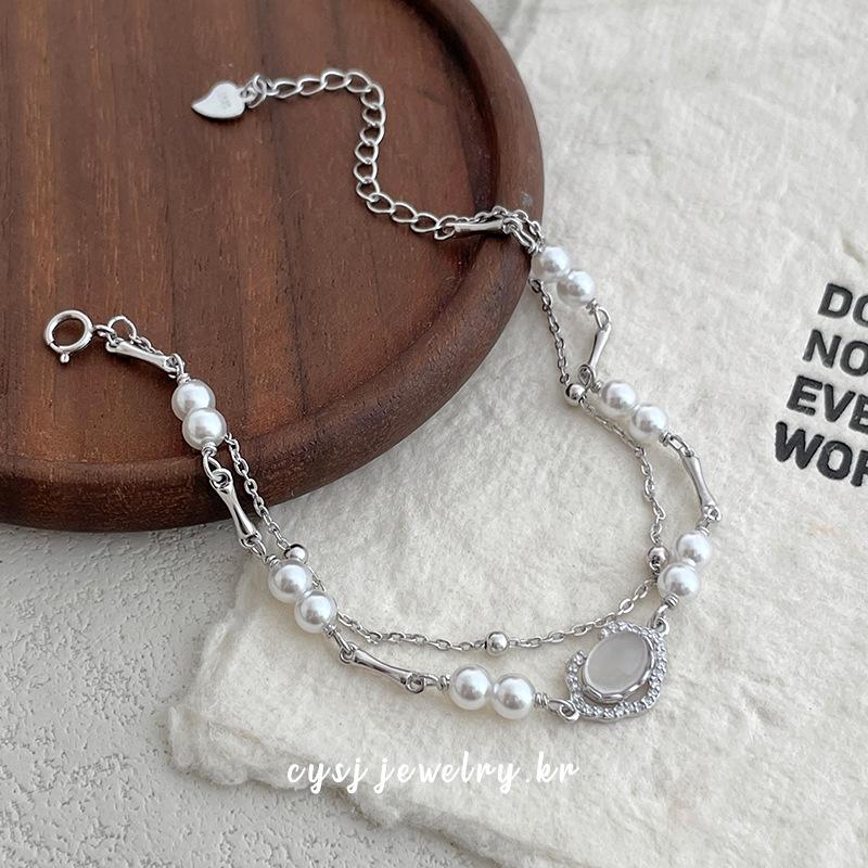 Cui Yan S925 Sterling Silver Double Layer Chalcedony & Pearl Bracelet - New Chinese Style. 925 Silver