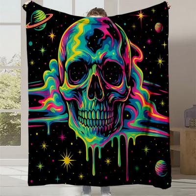 1pc Neon Glow-in-the-Dark Skull Throw Blanket - Heavyweight Flannel All-Season Soft Bedspread/ Couch Cover - Machine Washable Go