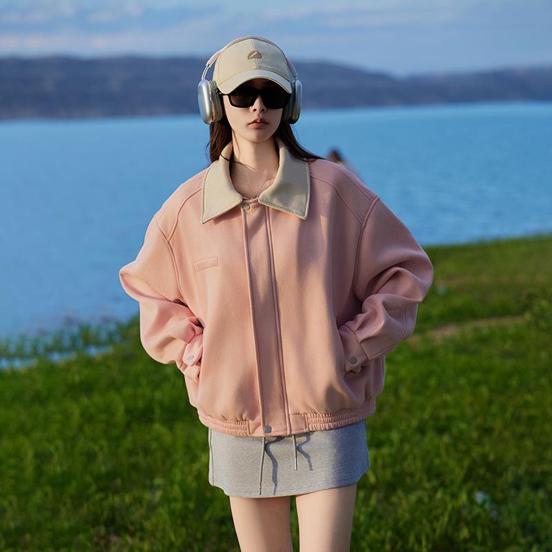 

Бейсбольная куртка из искусственной замши, новая хлопковая куртка, женская осенне-зимняя, свободного кроя, с длинными рукавами, куртка для пары, кардиган XXL розовый