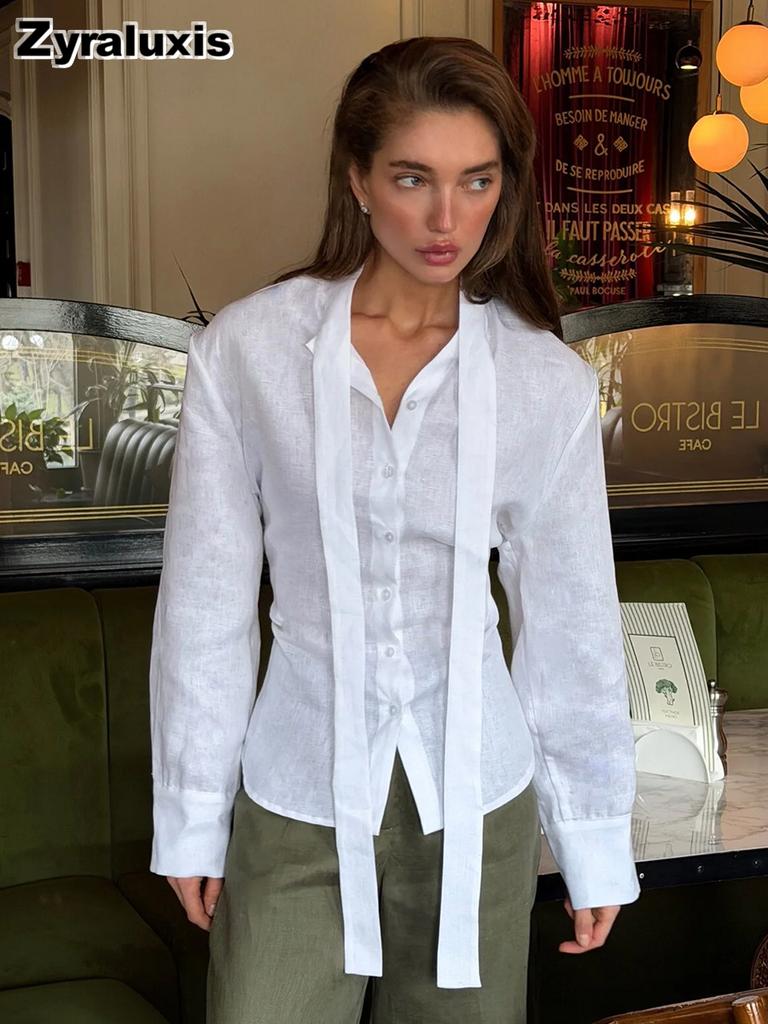 Rope Belt Shirt Women Autumn New Arrivals Tulle Overlay Casual Loose Fit Cotton Slim Fit Shirt