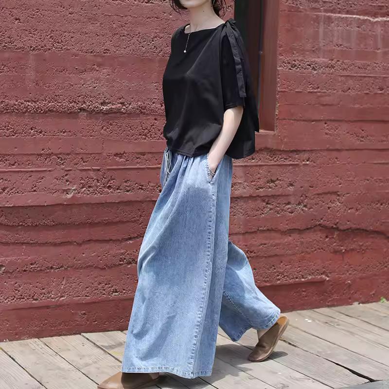 Damen Jeans im Vintage-Stil mit verwaschenem Used-Look, elastische Taille, Schnürung, lockere Freizeithose, vielseitige und schlichte Damenhose