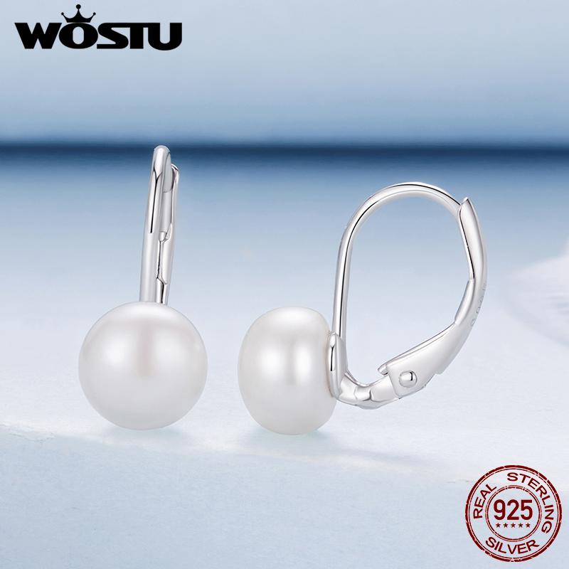 WOSTU 925 Sterling Silver Simple Pearl Huggies Earrings For Women French Style Pearl Hoop Earrings Elegant Jewelry Gift