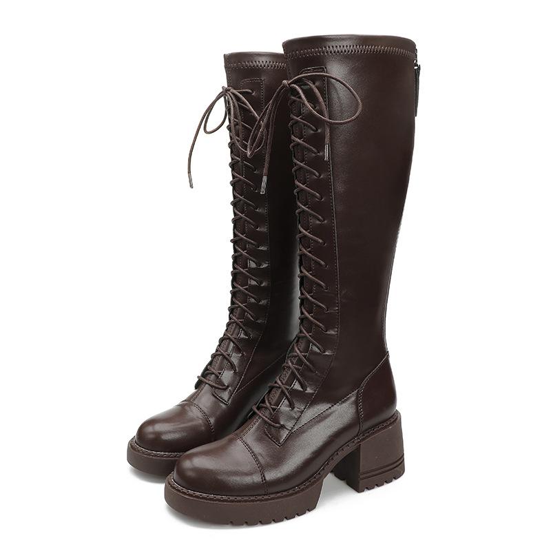 Round Head Thick Heel Thick Sole Boots Women's Custom Lace-up High Knight Boots Women's Custom 2024 New Long Martin Boots