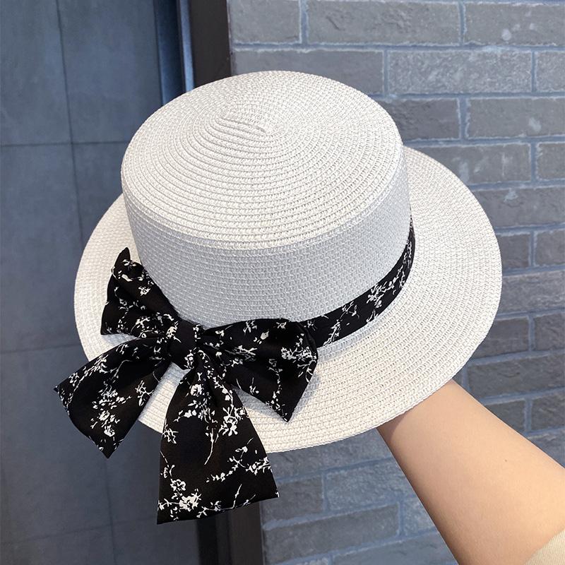 Bow Flat Top Top Hat UV Protection Versatile Casual Straw Hat Women's Summer Seaside Vacation Beach Hat
