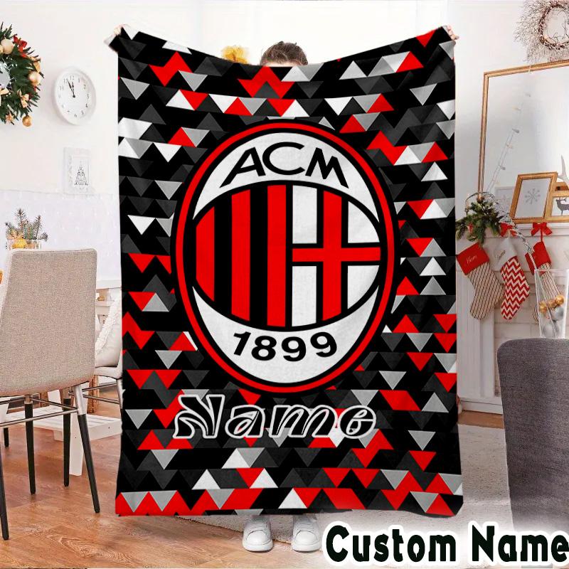 Custom Name AC-Milan Emblem Throws Blanket Flannel Blankets for Couch Bed Gifts for Men Women Picnic Blanket Christmas Fan Gifts