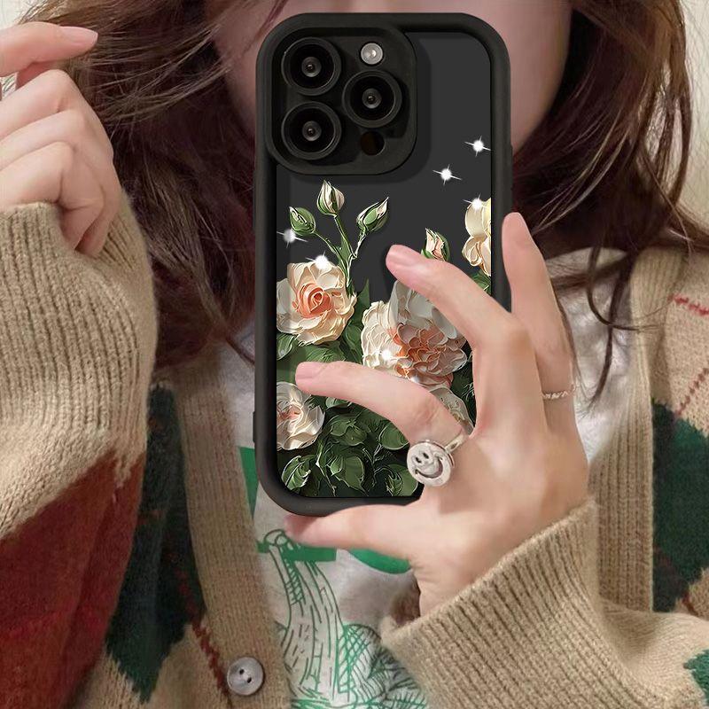 Oil Painting Camellia Applies To iPhone17pormax Mobile Phone Case 14/15 Protective Case 13 Cartoon 16 Matte 17