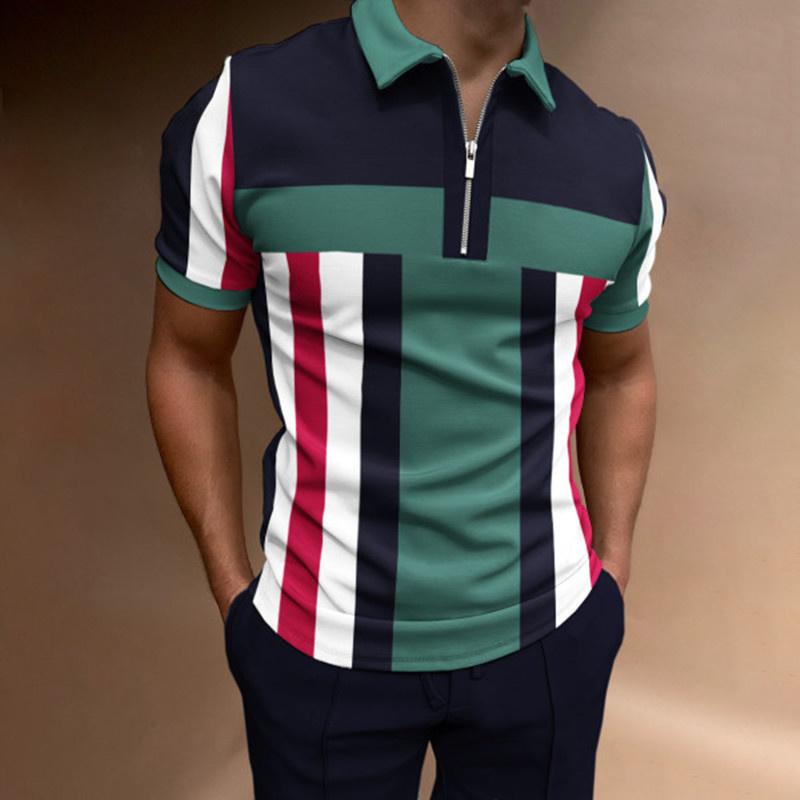 Summer Men's Casual Striped Houndstooth Digital Print T-Shirt Zipper Polo Shirt