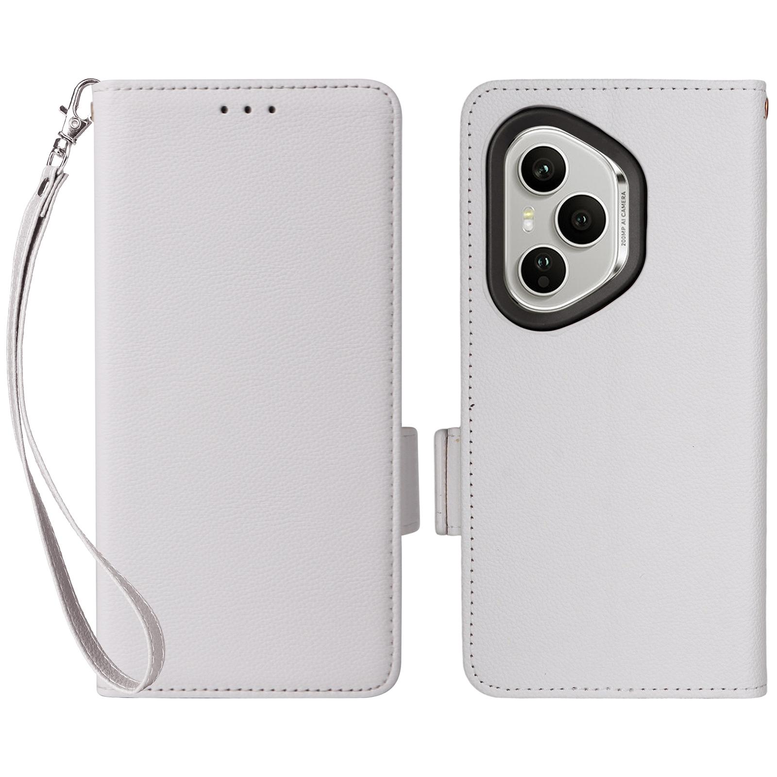 

Для Honor 400 Pro 5G (Глобальный) Чехол с ремешком на запястье, текстура личи, кошелек из ПУ кожи, чехол для телефона White