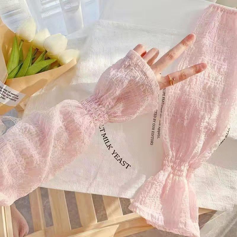 Summer Ice Silk Long Sleeves Anti-Sunburn Arm Cover Women Anti-UV Cycling Arm Sleeve Fingerless Outdoor Girl Loose Lace Sleeves