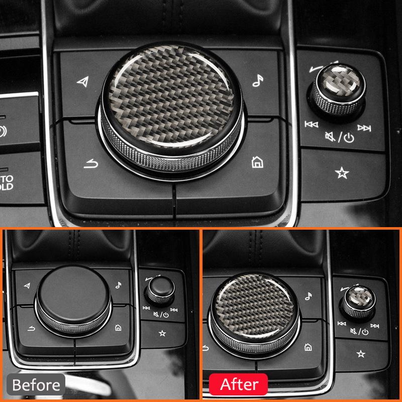 For Mazda 3 Axela  Carbon Fiber 2PCS Car Multimedia Knob Panel Trim Cover Interior Decoration Sticker Auto Accessories