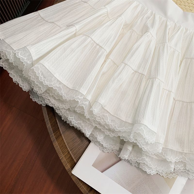 Sweet College Style~Lace-Edged White Skirt for Women 2026 New Style A-Line Large Hem Three-Layer Puffy Short Skirt