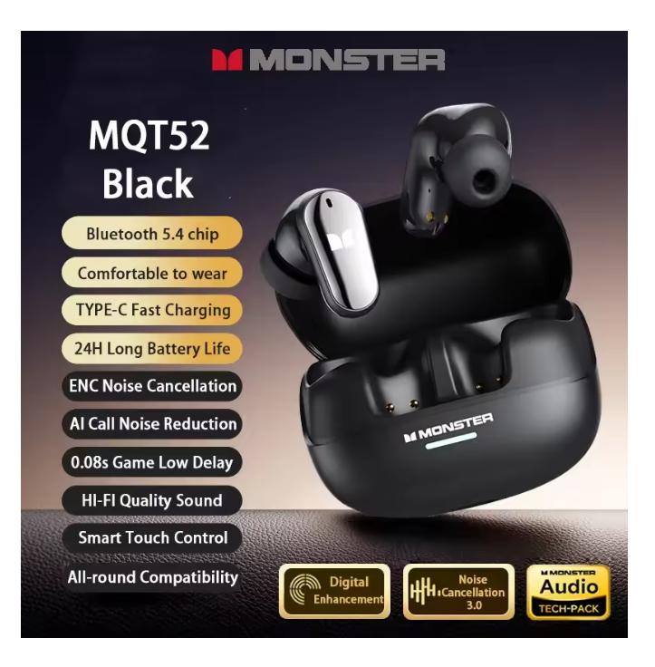 2025  New Monster MQT52 TWS Wireless Bluetooth 5.4 Headset HIFI Stereo Music Gaming Earphones Talking Noise Canceling Earbuds