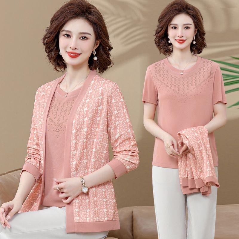 

Комплект из 2 вязаных топов Женский тонкий вязаный кардиган Футболка с коротким рукавом Большой размер Вязаная куртка Вязаная футболка с принтом Комплекты Весна Осень 4XL