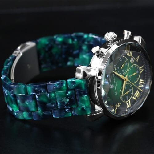 Salvatore Mara Watch Faceted Glass Chronograph Acetate Belt Gradient Men's Green Gold SM19104A-SSGRGD