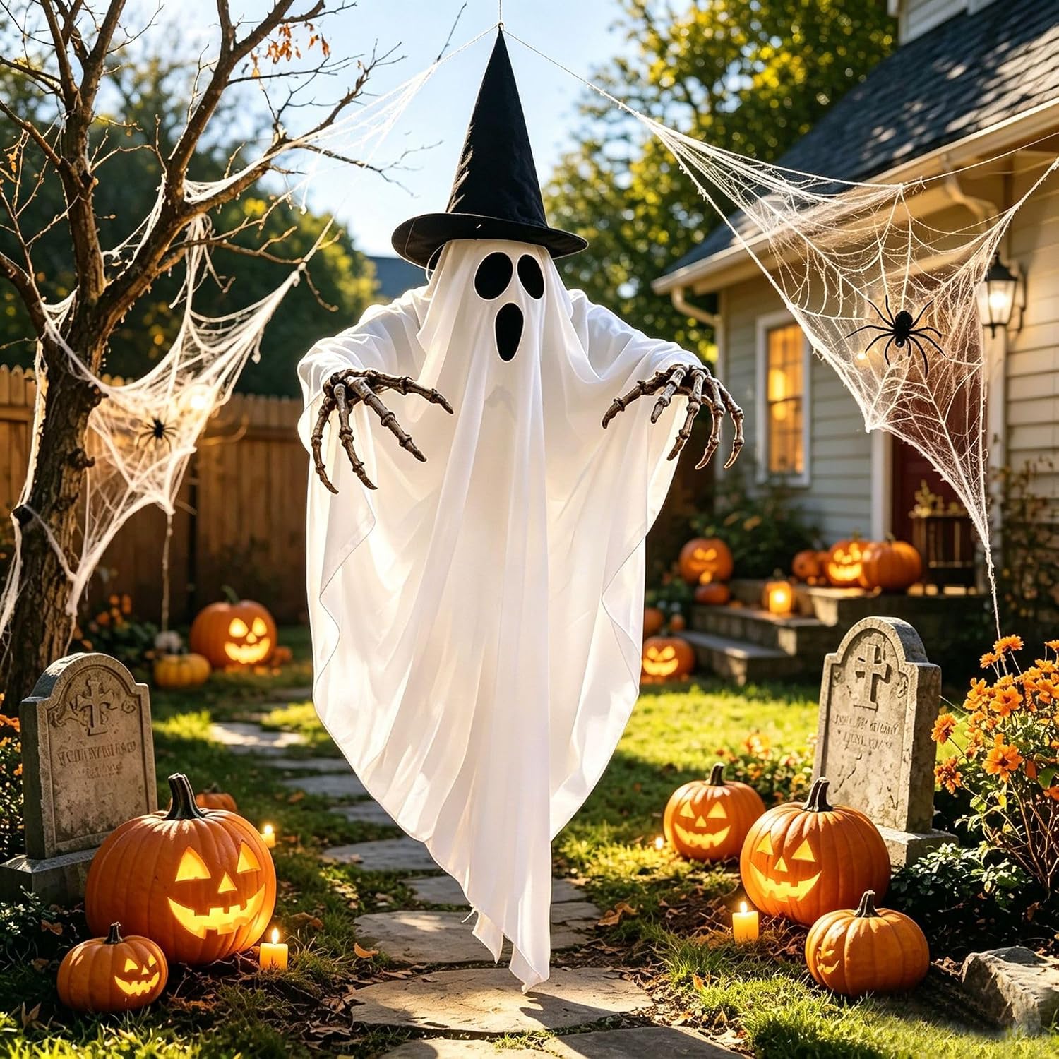 Lighted Hanging Ghost Halloween Decorations Outdoor,Lighted Hanging Ghost With Witch Hat Skeleton Hands, Swing Scary Halloween Decor