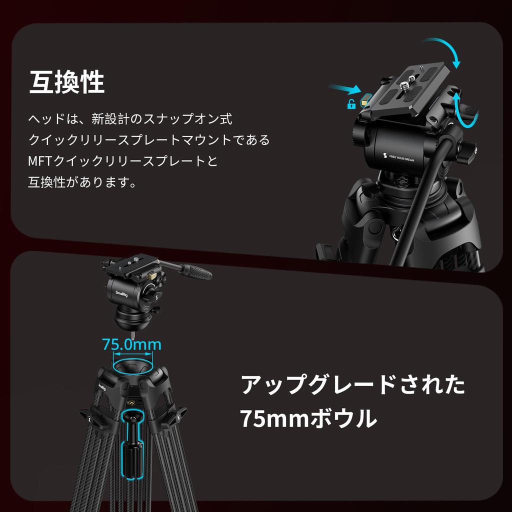 SmallRig FSD14 FreeSpeed Carbon Fiber Video 186cm Camera Tripod with Manfrotto Plate Compatible Fluid Quick 75mm Maximum 10kg Load Compatible with