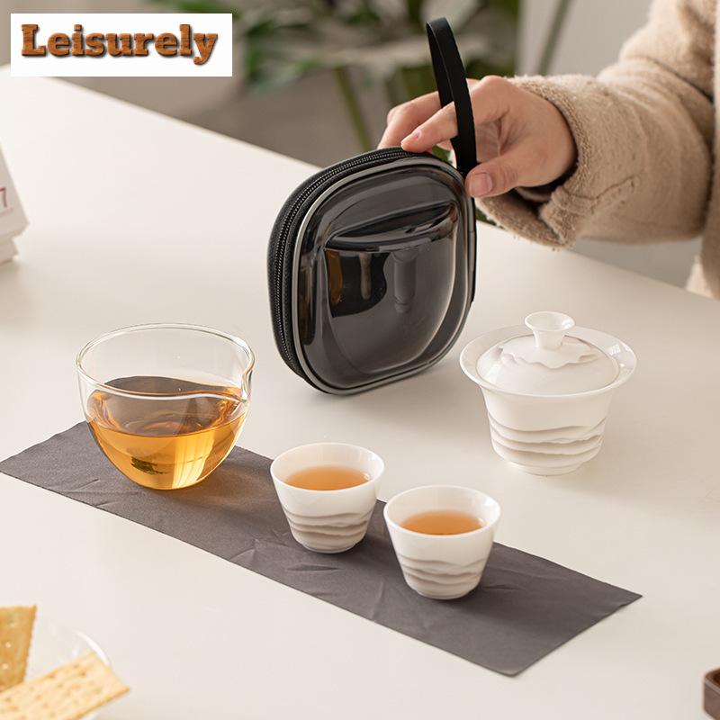 Sheep Fat Jade Porcelain Ink Distant Mountains Tea Set Kit Retro 1 Pot 2 Cups Tea Maker Portable Tote Bag Teaware Accessories