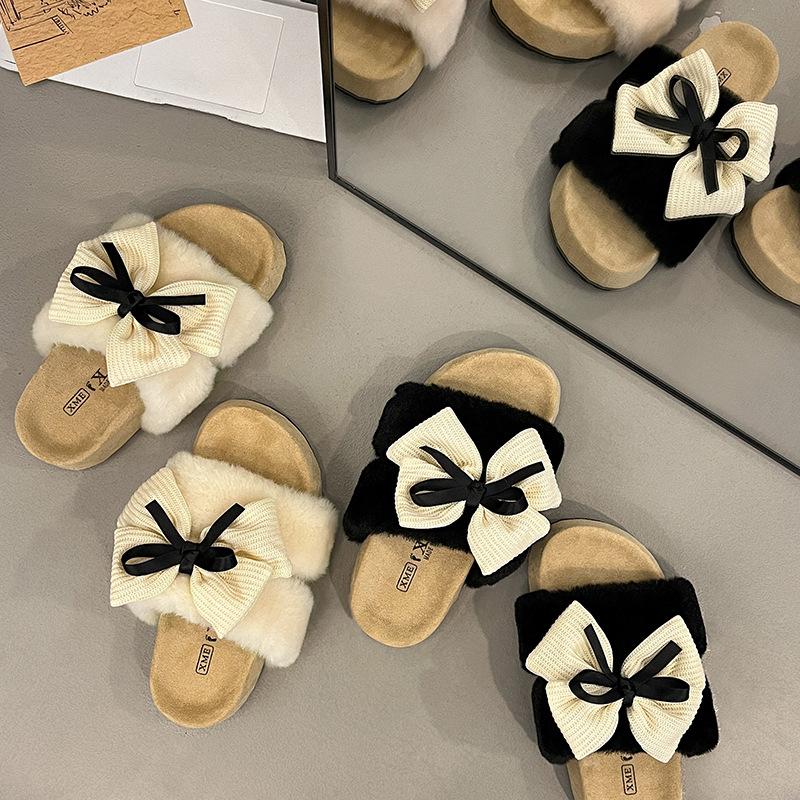 Retro Comfortable Girls Flat-bottomed Fluffy Slippers Autumn Cartoon Cute Warm Casual One-footed Thick-soled Cotton Slippers