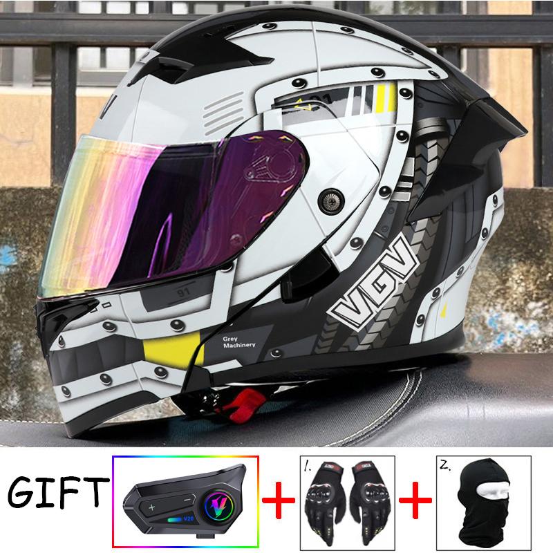 VGV Double Lens flip up helmet Openable motorcycle helmet come with wireless headset gloves headgear Value Promotional Packages