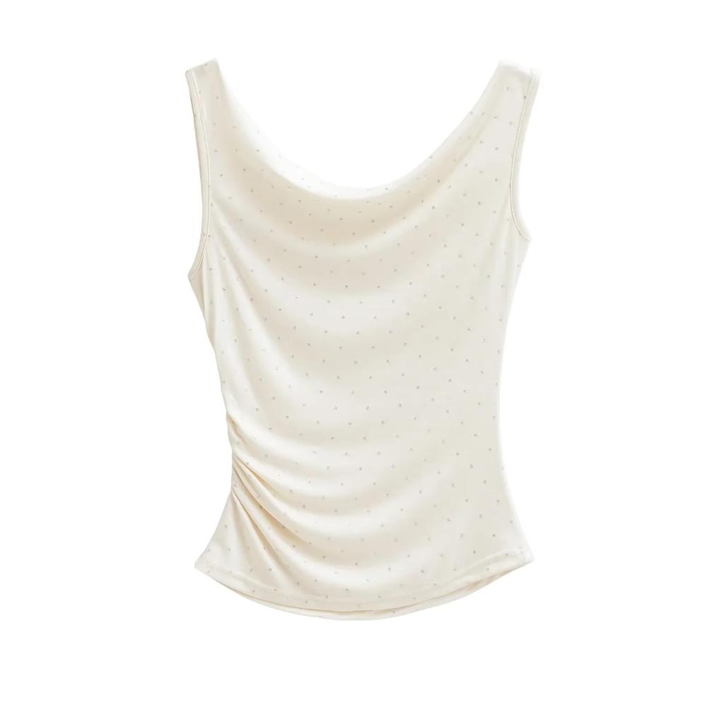 Hot Diamond Sleeveless Off-Shoulder T-Shirt Women's Summer New American Spice Girl Style Waist Pleated Short Bottom Top