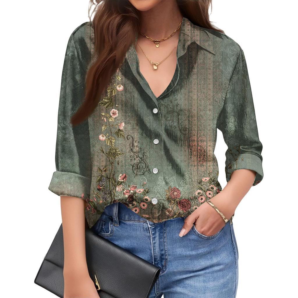 Women's Fashionable Casual Loose Floral Print Long,sleeved Shirt