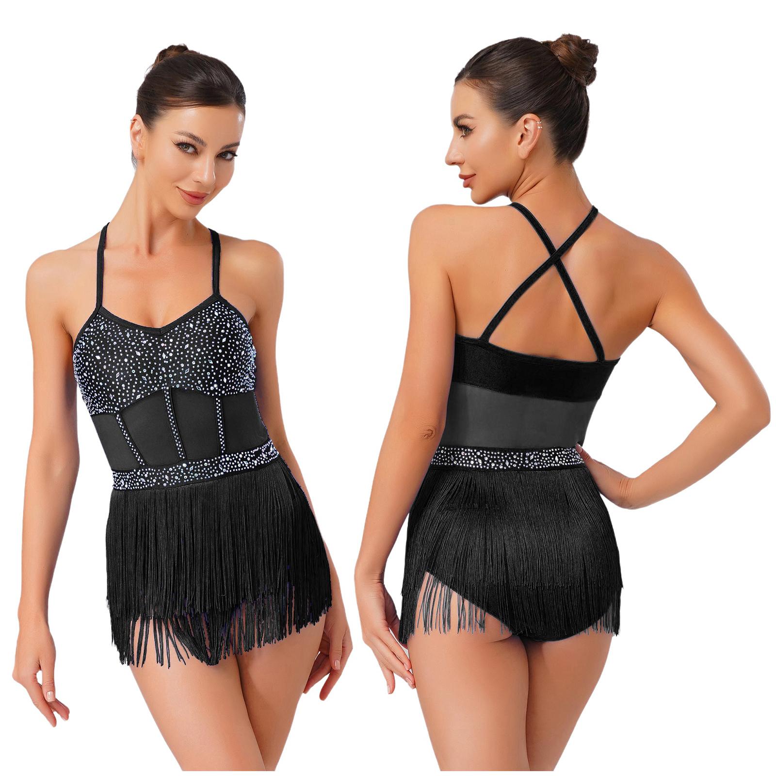 

Женский латиноамериканский купальник-платье со стразами, костюмы для ча-ча, самбы, танго, с прозрачной сеткой, бахромой с кисточками, цельный боди, танцевальная одежда M чёрный