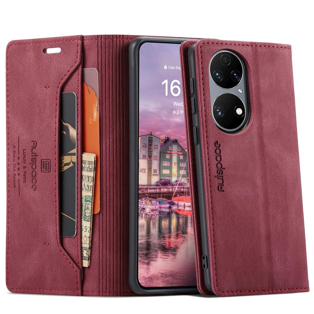 For Huawei P50E/Huawei P50 4G Wallet Case AUTSPACE A01 Leather Stand Cover with RFID Blocking Card Holder