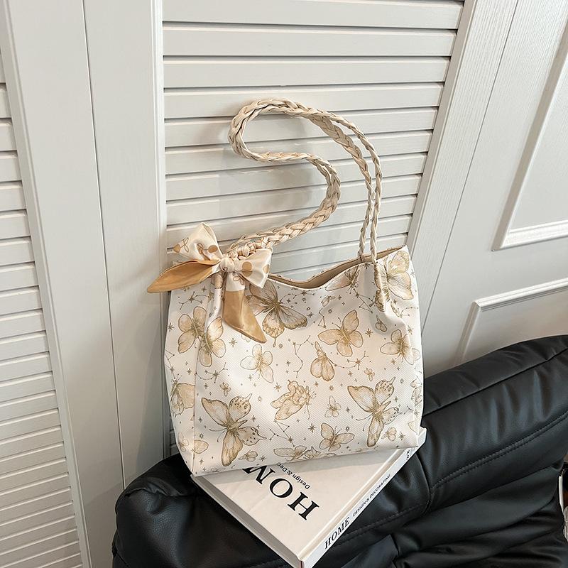 Chic Butterfly Print Faux Leather Tote Bag for Women, Woven Texture Shoulder Underarm Bag, Casual Daily Commute Handbag