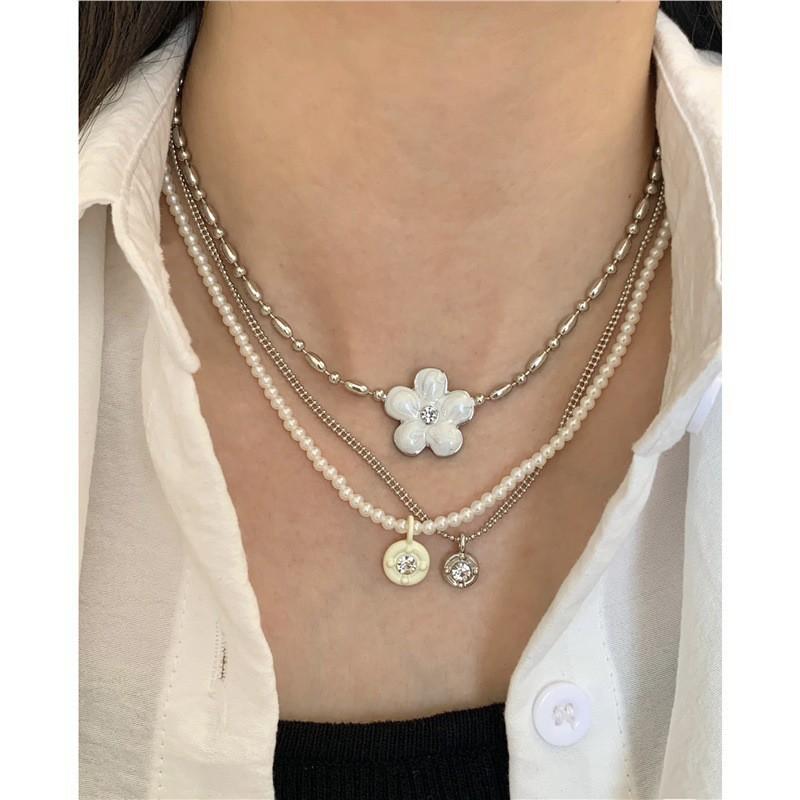 RORY Drip Glaze Flower Layered Beaded Necklace Women Tiny Rice Bead Clavicle Chain