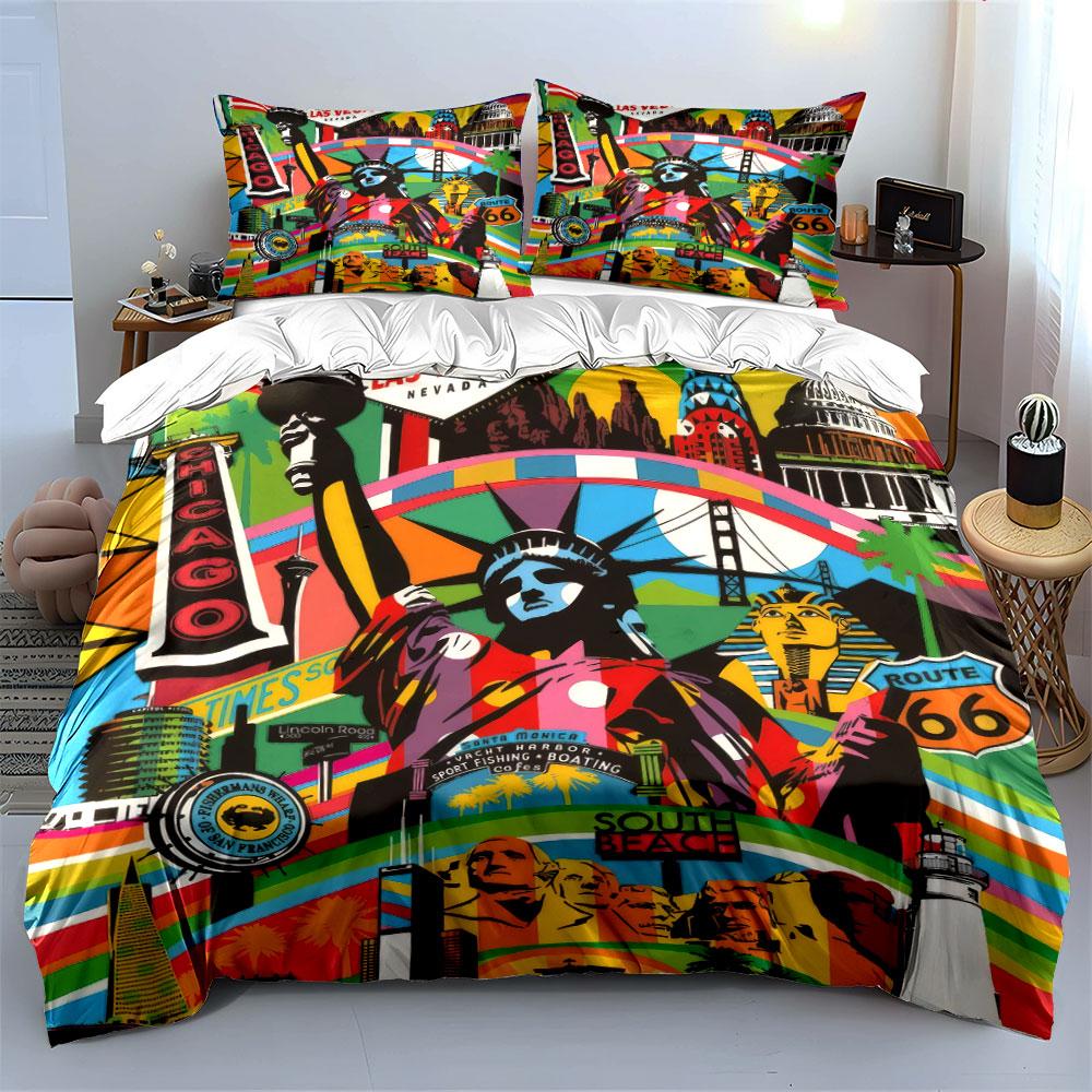 "USA Landmarks Travel Decor Set" Soft Skin-Friendly Bedding Set Includes 1 Duvet Cover And 2 Pillowcase Gift