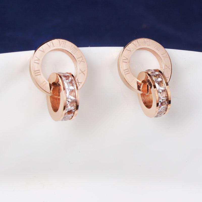 Titanium Steel Korean Roman Numeral Double Circle Stud Earrings