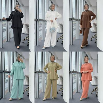 New Arrival: Beaded Long Sleeve Top & Wide Leg Pants Set - Muslim Women's Fashionable Casual Wear